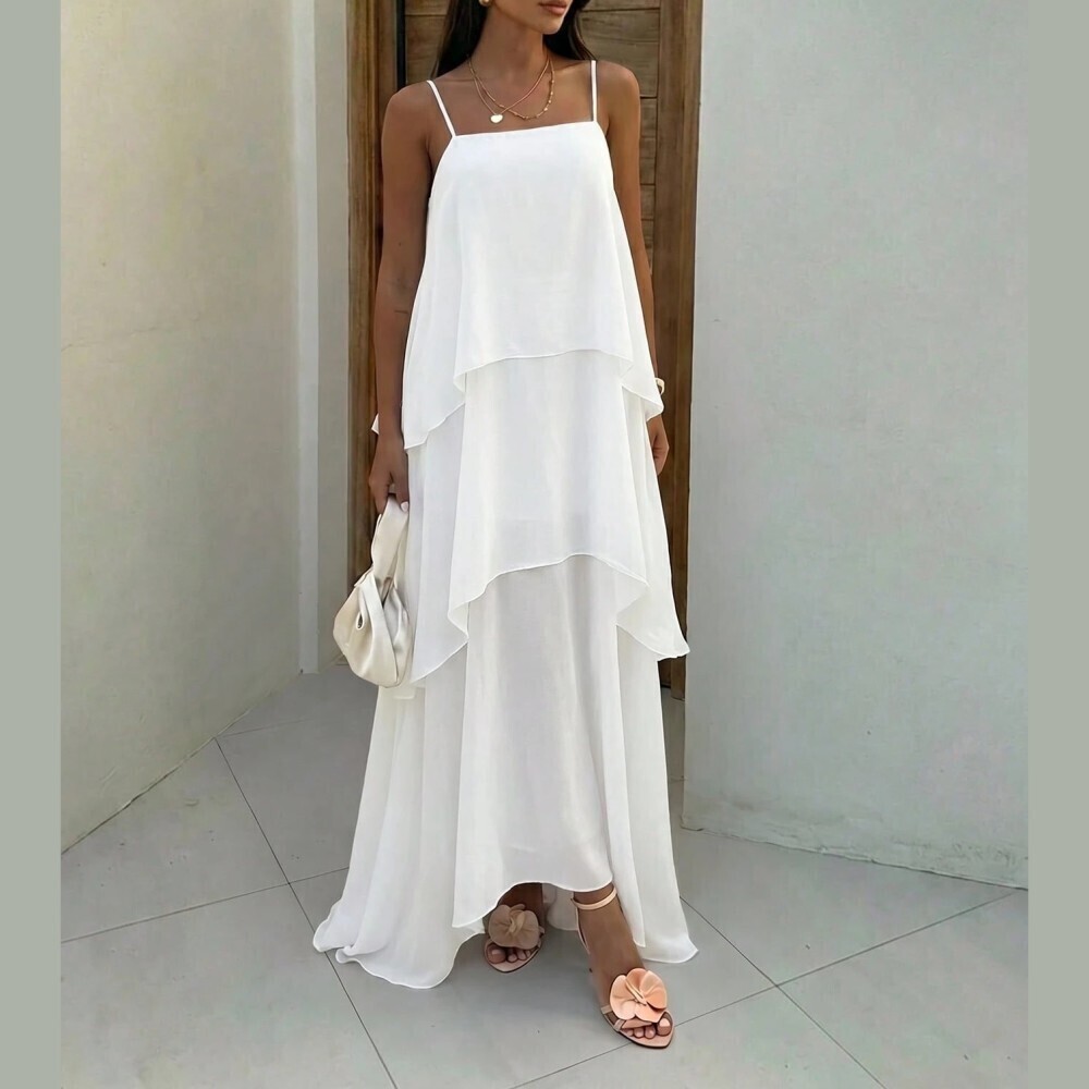 White Sheer Chiffon Tiered Ruffle Spaghetti Strap Square Neck Maxi Dress